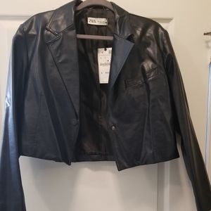 Zara Leather or Faux Leather? Cropped Navy Blue Jacket NWT (see description)